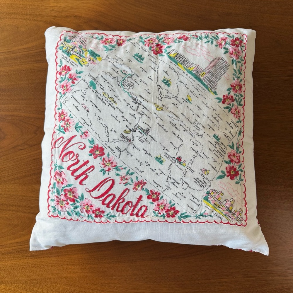 Vintage North Dakota Handkerchief Pillow Shabby Chic Retro Country Cabin Decor